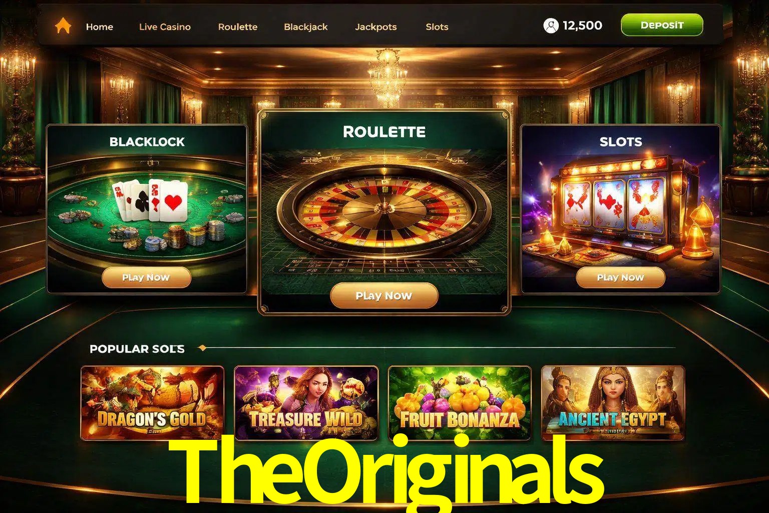 Vista de la plataforma TheOriginals Casino mostrando categorías organizadas de juegos en línea