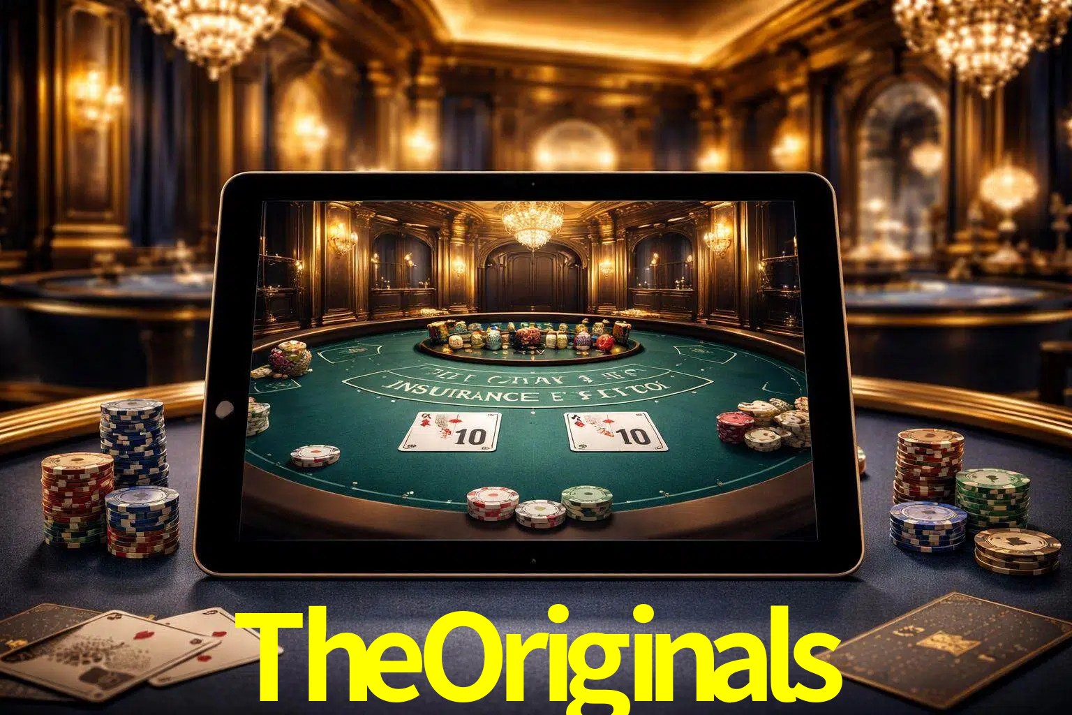 Configuración moderna de casino en vivo con una tableta mostrando una mesa de blackjack, luces cálidas de estudio y una atmósfera elegante de juegos digitales.