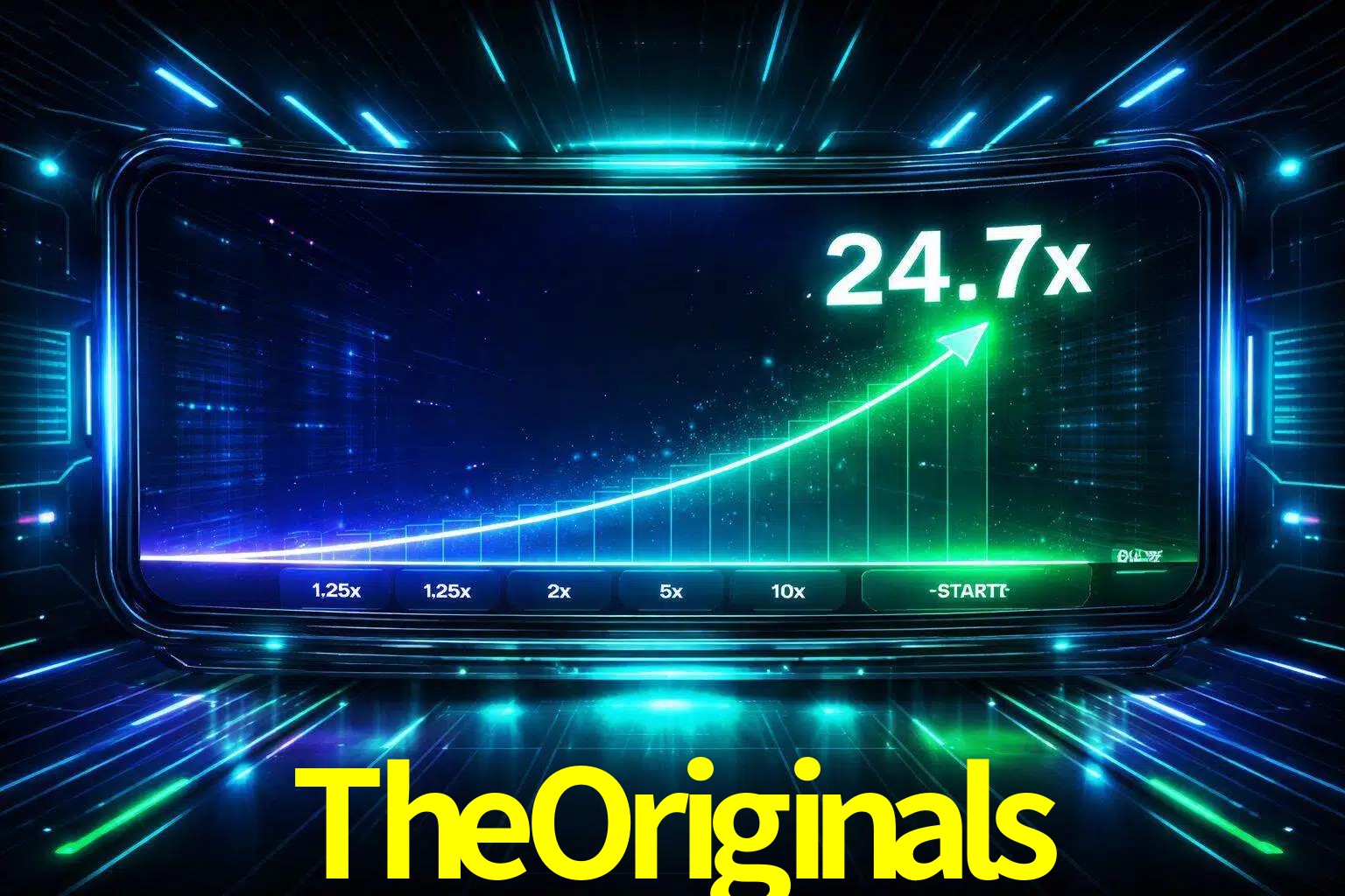 Una pantalla moderna de juego estilo crash con multiplicadores ascendentes, visuales de neón y una interfaz intensa enfocada en la acción.