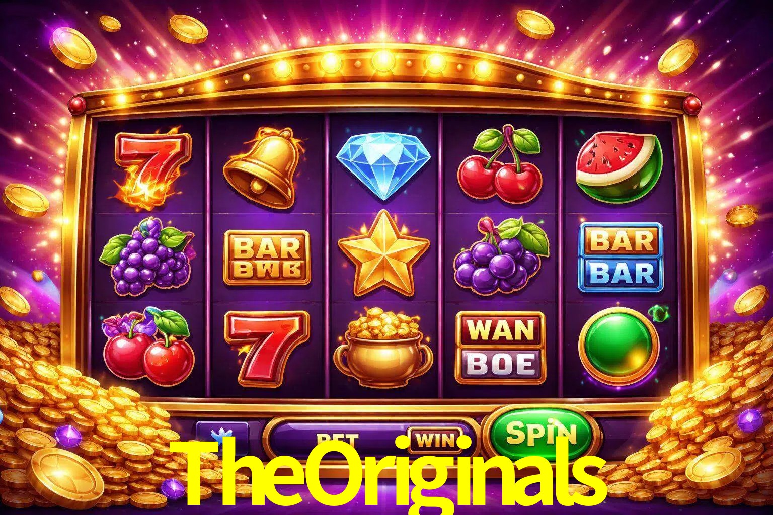 Una interfaz colorida de tragamonedas en línea con símbolos brillantes, monedas y un efecto de victoria celebratoria en TheOriginals.