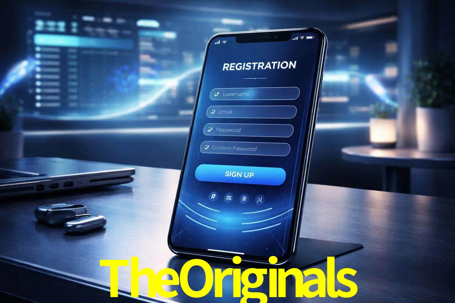Una interfaz moderna de registro móvil para TheOriginals mostrada en un smartphone con un panel de apuestas elegante.